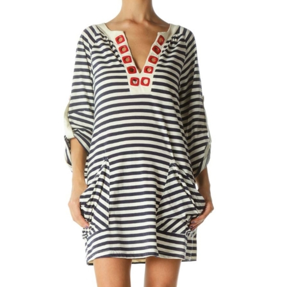 Nanette Lepore Swim Blue Cream Red Nautical Grommet Striped Swim Coverup - Picture 2 of 14